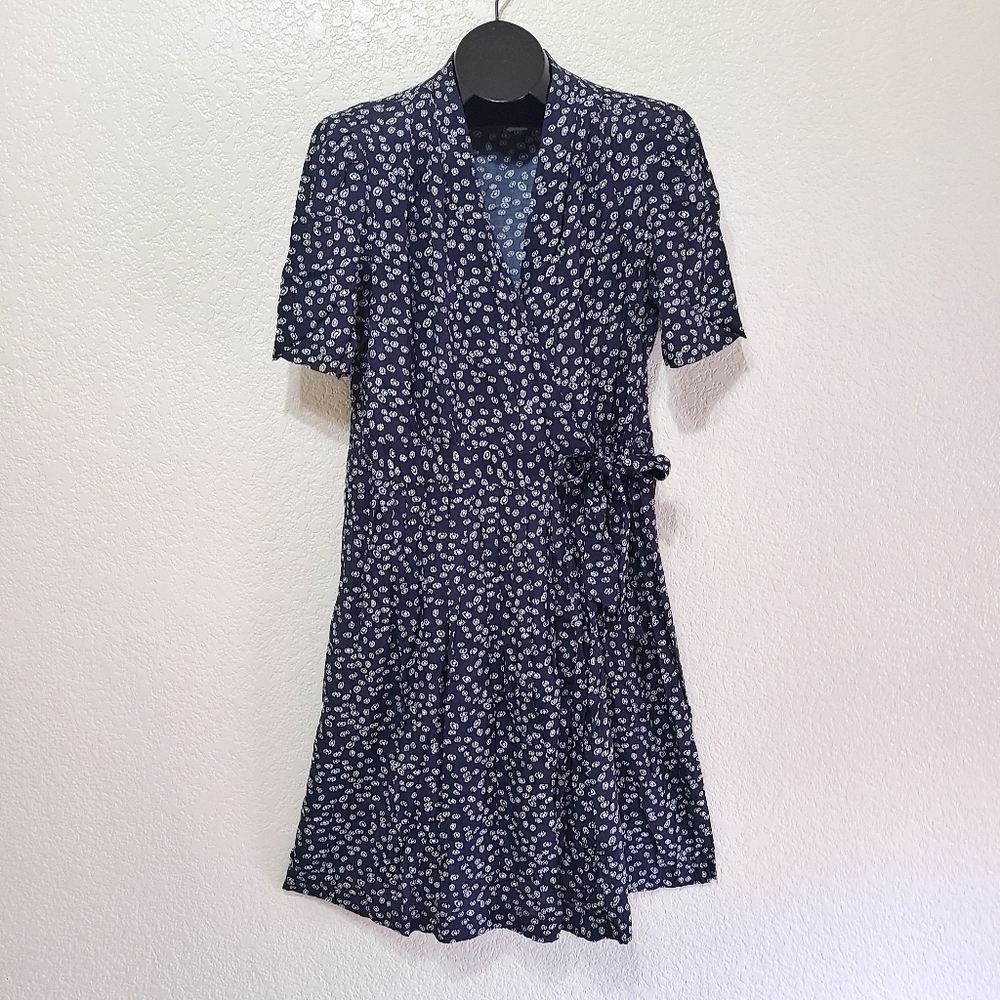 Vintage 90s Karin Stevens Flower Pattern Navy Wrap Dress
